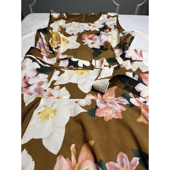 NWT - Calvin Klein Brown Floral Belted Handkerchief Hemline Dress Sz 14 - Picture 5 of 14